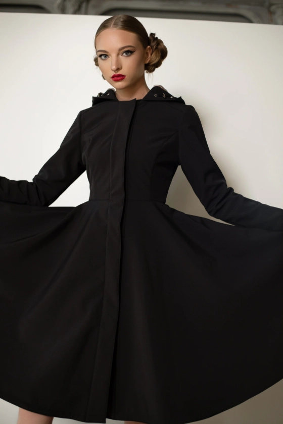 Fit and Flare Coat with Full Circle Skirts in Black and Ash Pink | 'Midnight Black'