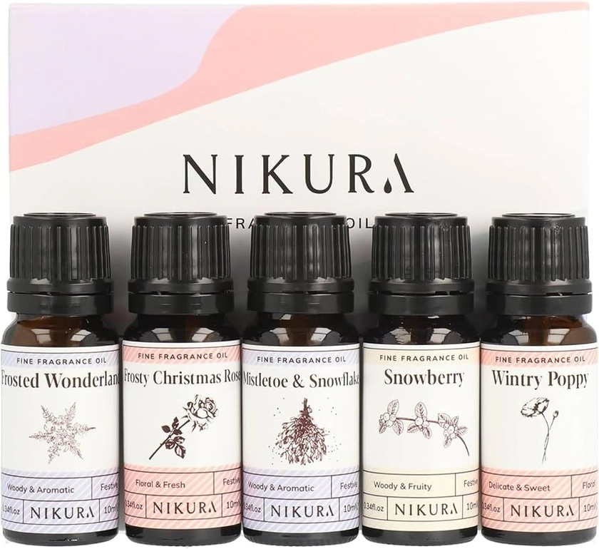 Nikura Christmas Scents Fine Fragrance Oil Gift Set - 5 x 10ml | for Diffusers for Home, Soap & Candle Making, Wax Melts, Diffuser, Burner, Bath Bombs, Perfume Scents | Vegan & UK Made Essential Oils