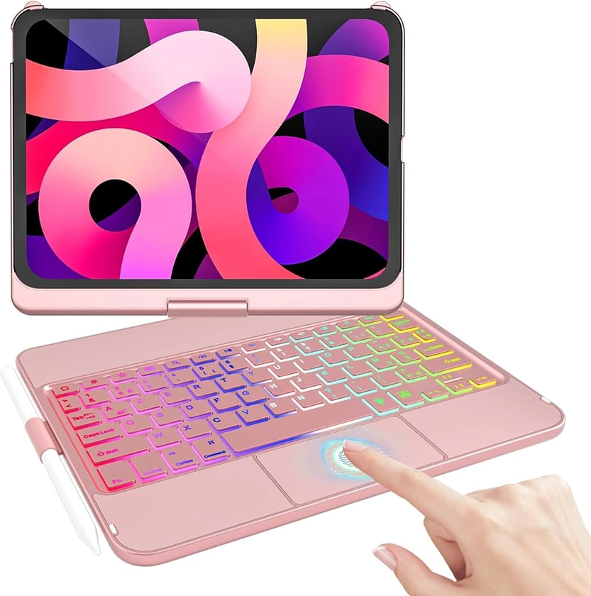 TQQ Clavier pour iPad 10 ème Génération avec Pavé Tactile de Précision, Clavier Rétroéclairé 10 Couleurs de Type Ordinateur Portable, Rotatif à 360°, Clavier Français AZERTY