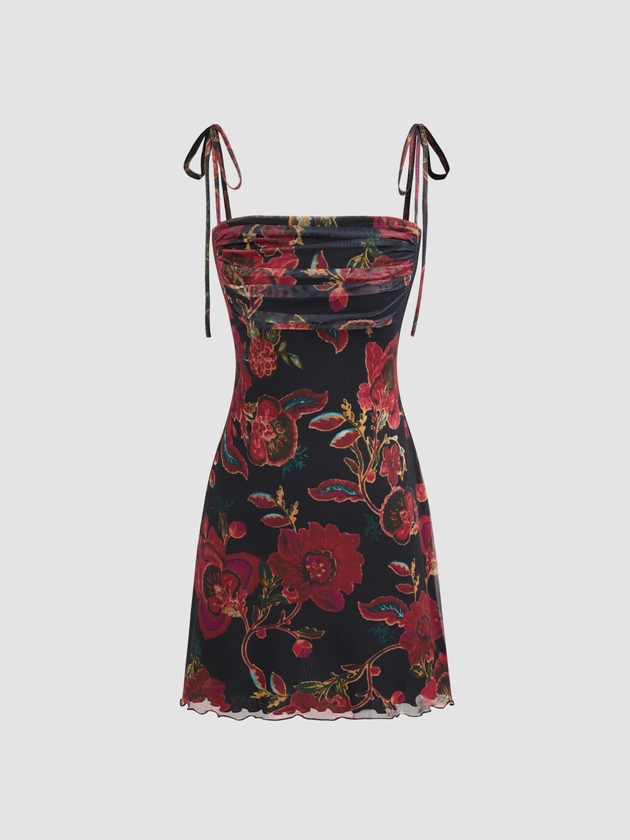 Square Neck Floral Ruched Mini Dress