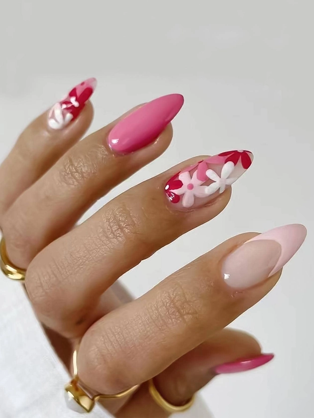 24pcs Pink Daisy Almond Shaped Flower Pattern Fake Nails Set Press On Nails Nail Supplies