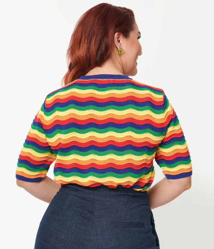 Plus Size 1970s Rainbow Wave Striped Sweater