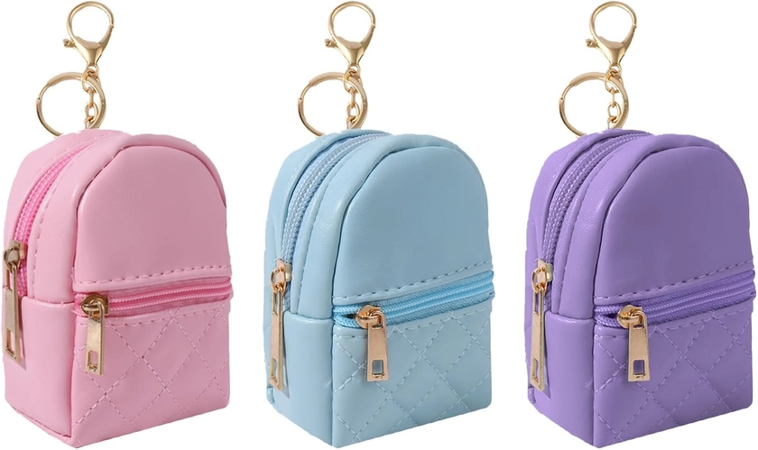 LYDZTION 3Pcs Mini Backpack Cute Cosmetic Bag for Women,PU Leather Makeup Bag Key Pocket Lipstick Bag Card Holder Data Cable Organizer Zipper Pouch,Pink Blue Purple