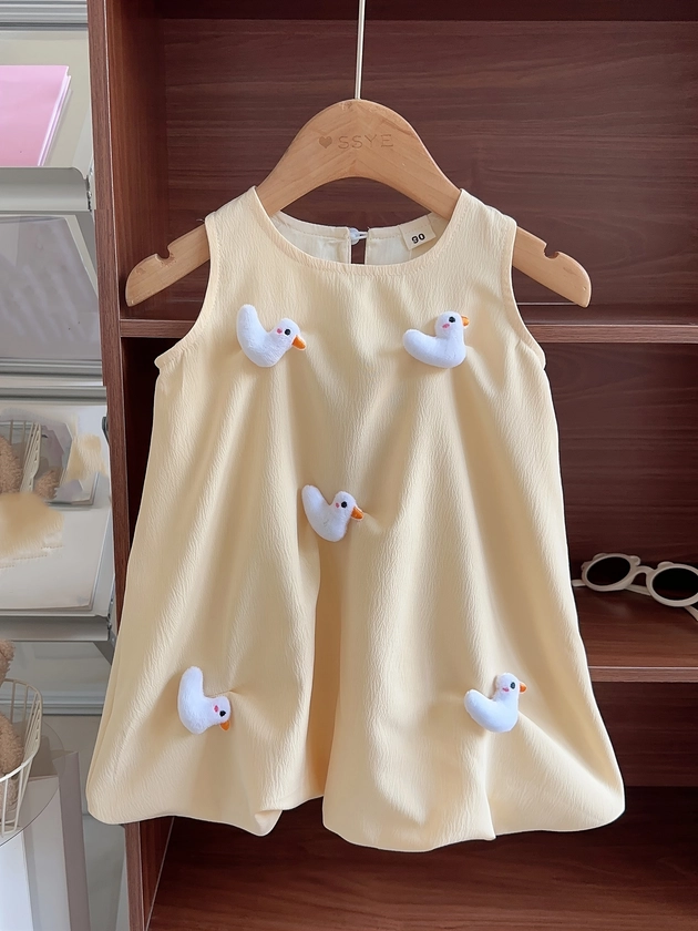 Sweet Girls 3D Ducks Decor Comfy Sleeveless Dress, Girl's Summer Clothing