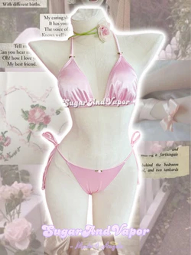 Adelia Floral Coquette Pink Silky Bikini Set