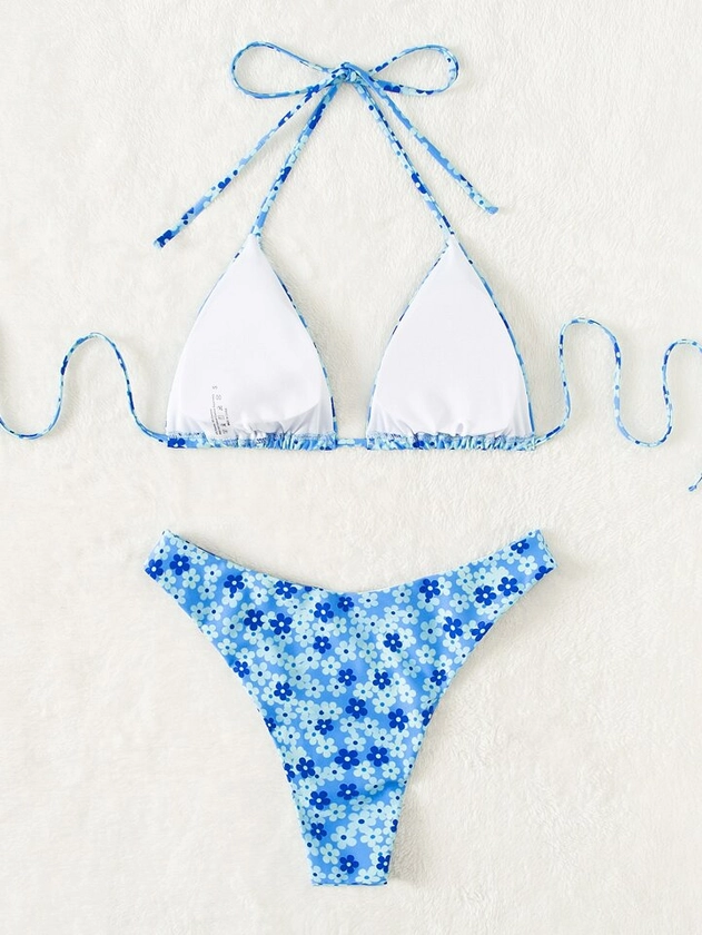 SHEIN Swim Summer Beach Ditsy Floral Bikini Set Halter Triangle Bra Top & Bikini Bottom 2 Piece Swimsuit