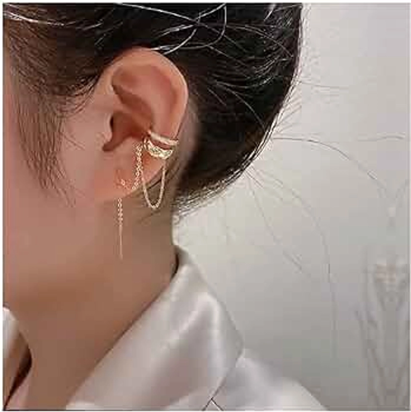 Bohemian Crystal Ear Cuff Earring Gold Hoop Chain Drop Earring Cz Ear Cuff Chain Tassel Earring Crystal Cartilage Chain Threader Earring Jewelry for Women and Girls Gifts