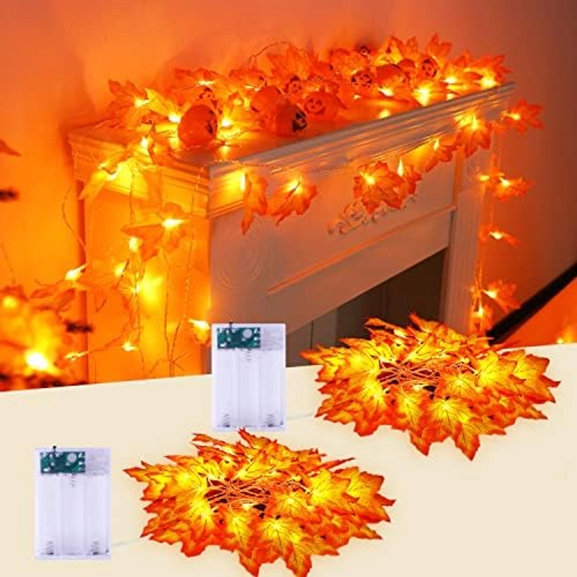 JMEXSUSS 2 Pack Fall Decor Lights Battery Operated, Total 22 FT 40 LED Thanksgiving Lights, Fall Garland Lights for Autumn Garland Thanksgiving Indoor Halloween Home Decorations