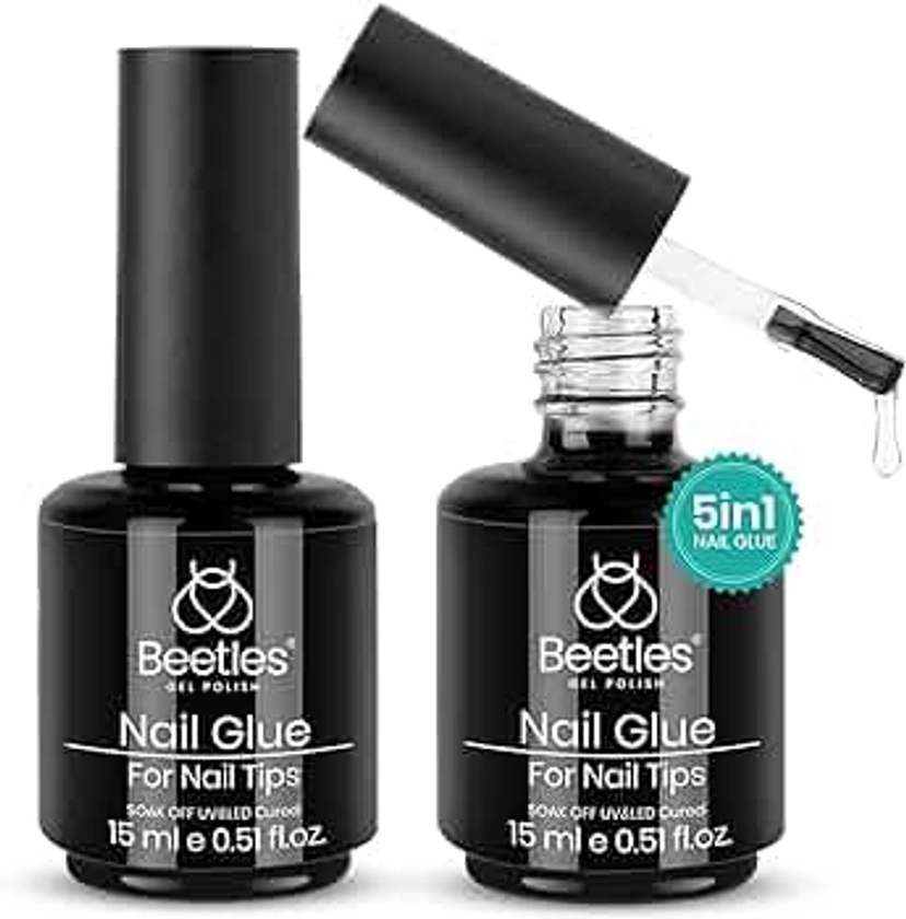 Beetles Gel Polish 5 in 1 Nail Glue and Base Gel Kit for Acrylic Nails,2 Pcs 15ml Super Strong Brush in Nail Gel Glue for False Nails Tips and Gel Nail Polish Led Lamp Required Nail Art Gift