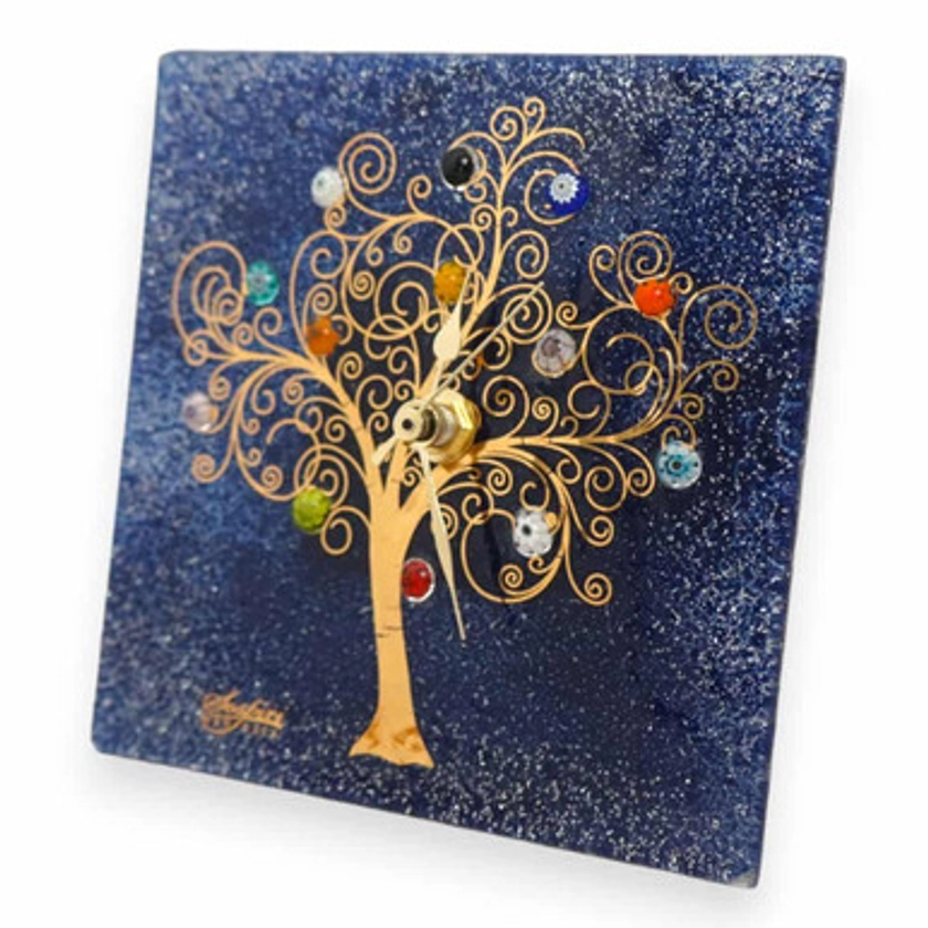 Blue Murano Glass Clock With A Golden Tree Of Life