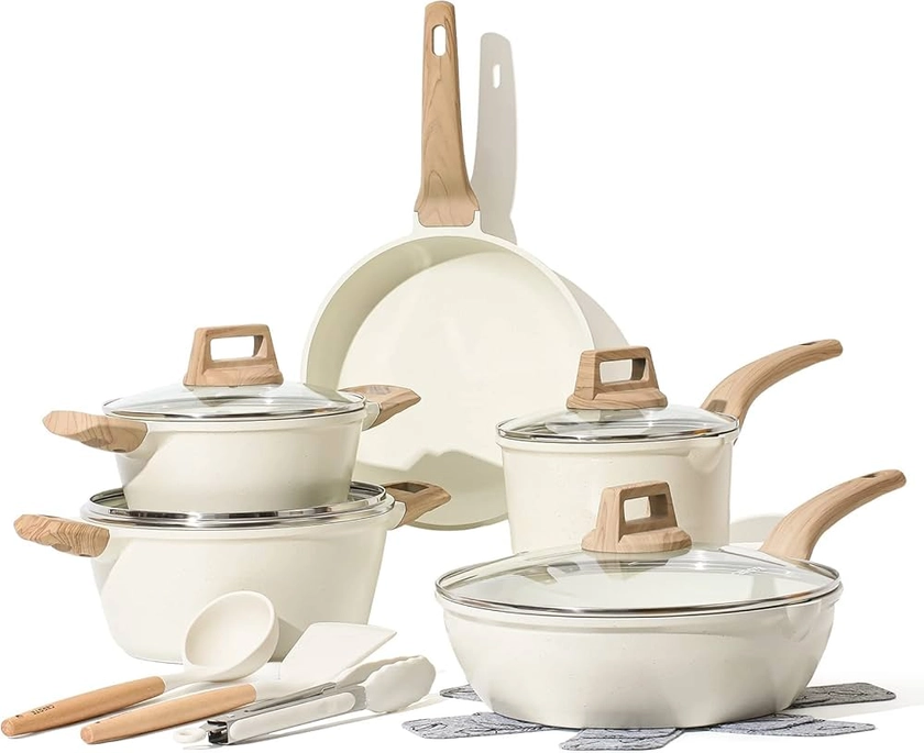 CAROTE Set Poele et Casserole Induction 14 Pièces, Poele 24cm, Casserole 1,7/2,3/4L, Sauteuse 4,3L, Batterie de Cuisine avec Couvercle, Revêtement Antiadhésif, Spatule, Pince Cuisine, Protège-Poêle