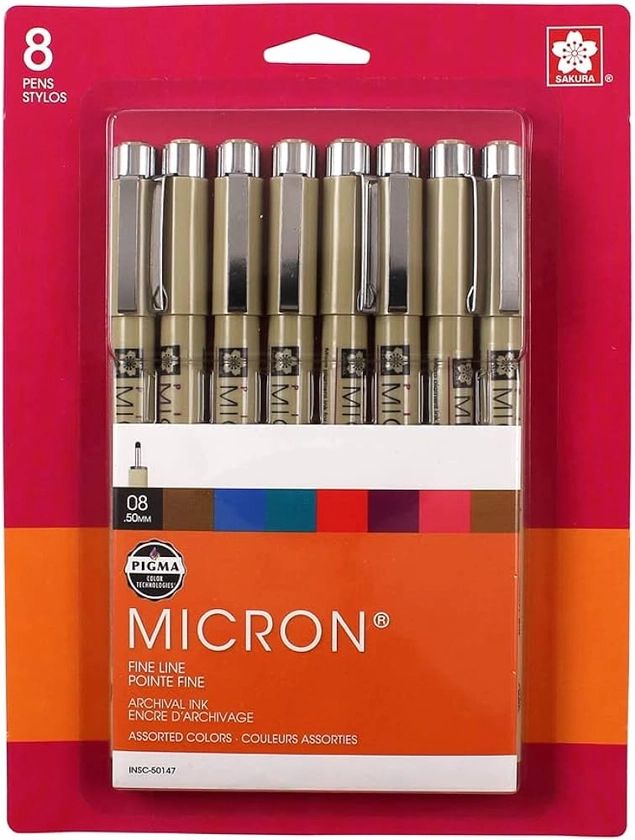 Amazon.com: SAKURA Pigma Micron Fineliner Pens - Archival Black and Colored Ink Pens - Pens for Writing, Drawing, or Journaling - Black and Assorted Colored Ink - 08 Nib Size - Fine Line - 8 Pack