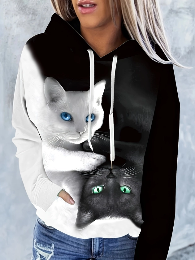 Camisola com capuz de bolso canguru estampado de gato, sweatshirt casual de manga comprida com cordão, roupa de mulher