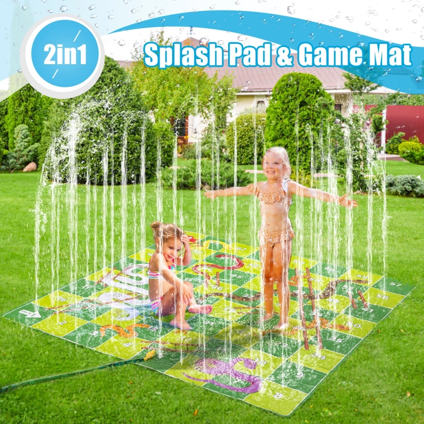 BRINJOY Splash Pad, 73” Large Sprinkler Snakes and Ladders Game Play Mat with Storage Bag & Repair Patches for Outdoor, 2-in-1 Backyard Summer Water Toys Thick Splash Mat for Toddlers Boys Girls 3+