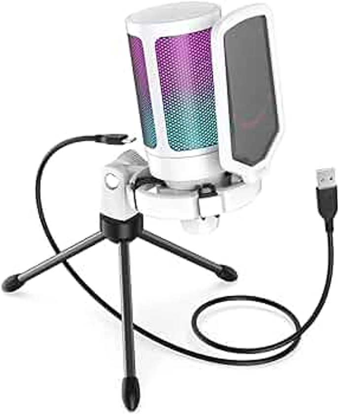 FIFINE USB Microphone for Gaming Streaming, PC Computer Desktop RGB Mic with Condenser Cardioid Capsule, Gain Knob, Shock Mount, Stand for Home Use, Online Meeting on Mac OS, Windows-A6V White