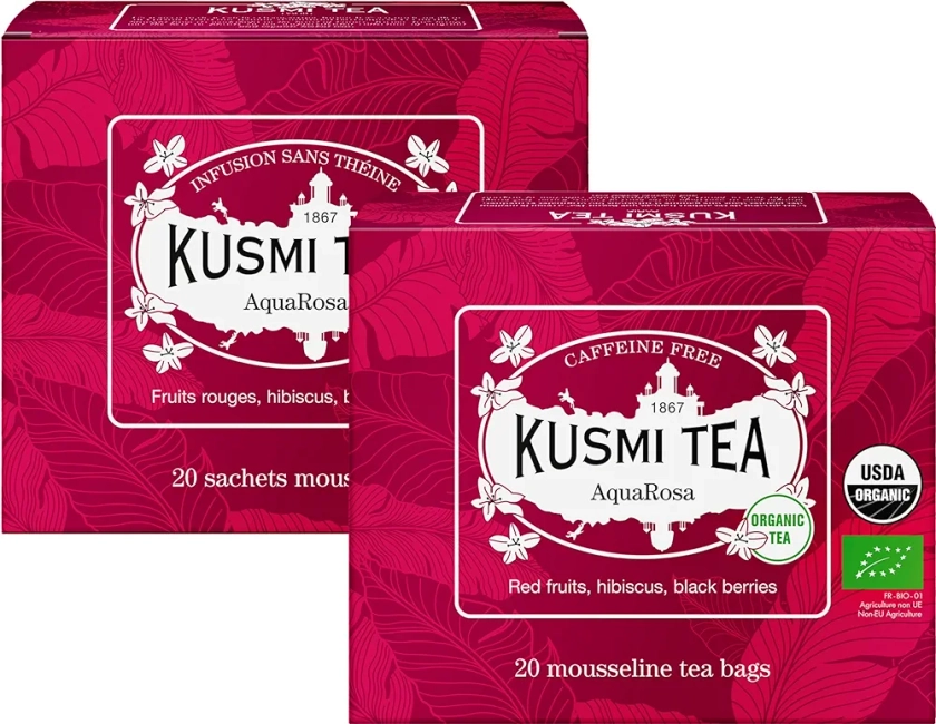 Kusmi Tea - Lot de 2 boîtes - Infusion Bio AquaRosa - Mélange Aromatisé d'Hibiscus, Baies Noires, Fruits et Plantes - 2 Boîtes de thé de 20 sachets mousseline