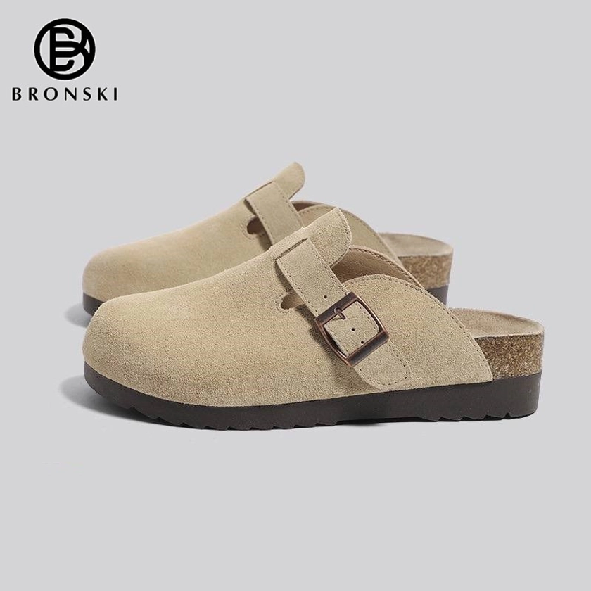 BRONSKI Sandals For Women And Men Skin Leather Clogs Unisex Hot Sell KHAKI Color Slipper