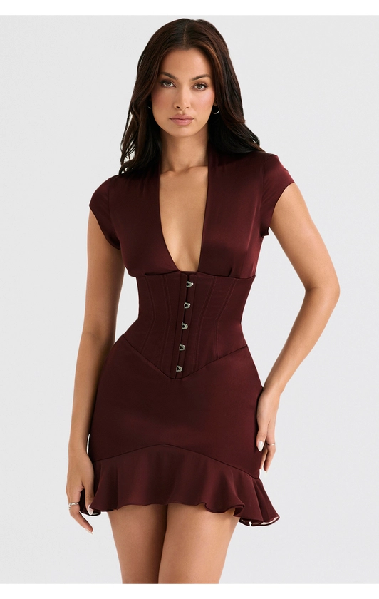 Clothing : Mini Dresses : 'Tianna' Wine Ruffle Corset Dress