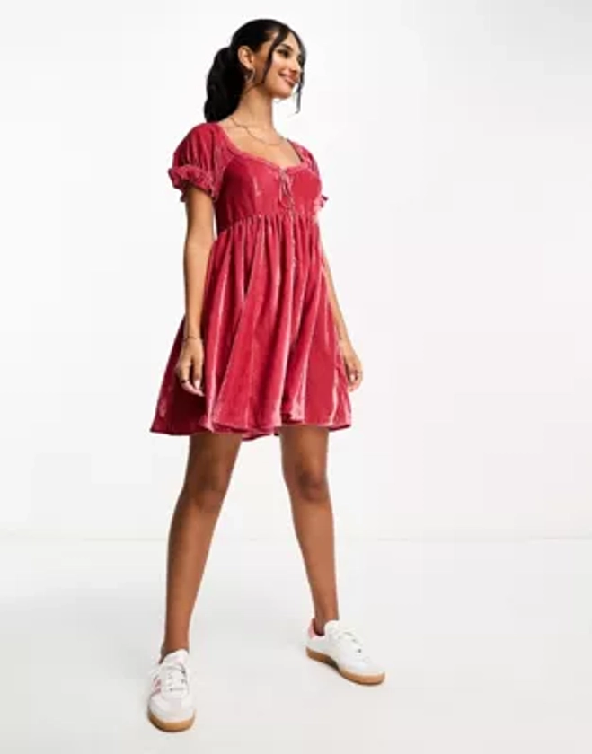 ASOS DESIGN velvet prairie mini dress with ribbon trim in dark rose | ASOS