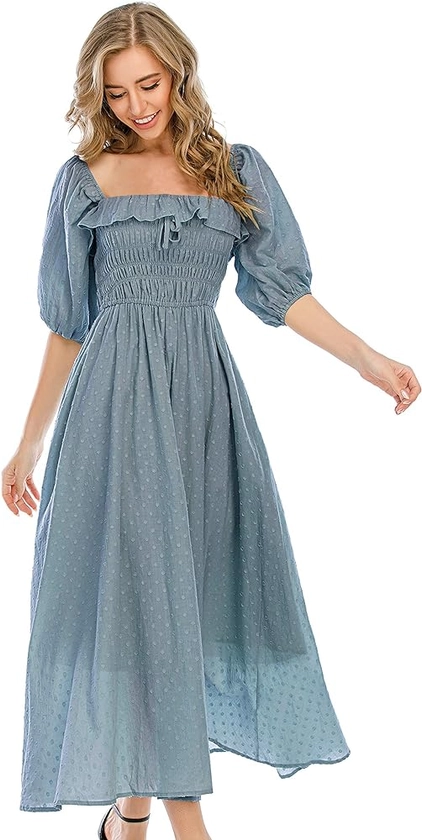 R.Vivimos Women Summer Half Sleeve Cotton Ruffled Vintage Elegant Backless A Line Flowy Long Dresses (Small, Haze Blue-1) at Amazon Women’s Clothing store
