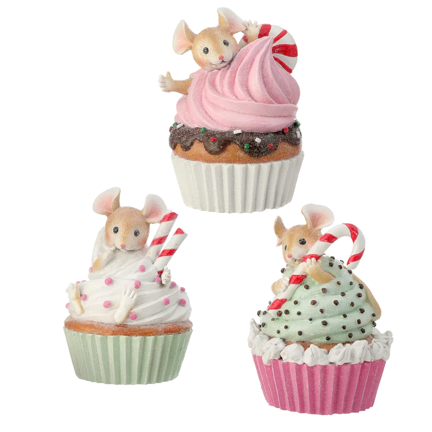 Viv! Christmas Tabletop Figure - Mice in Cupcakes - set of 3 - pastel - 15cm