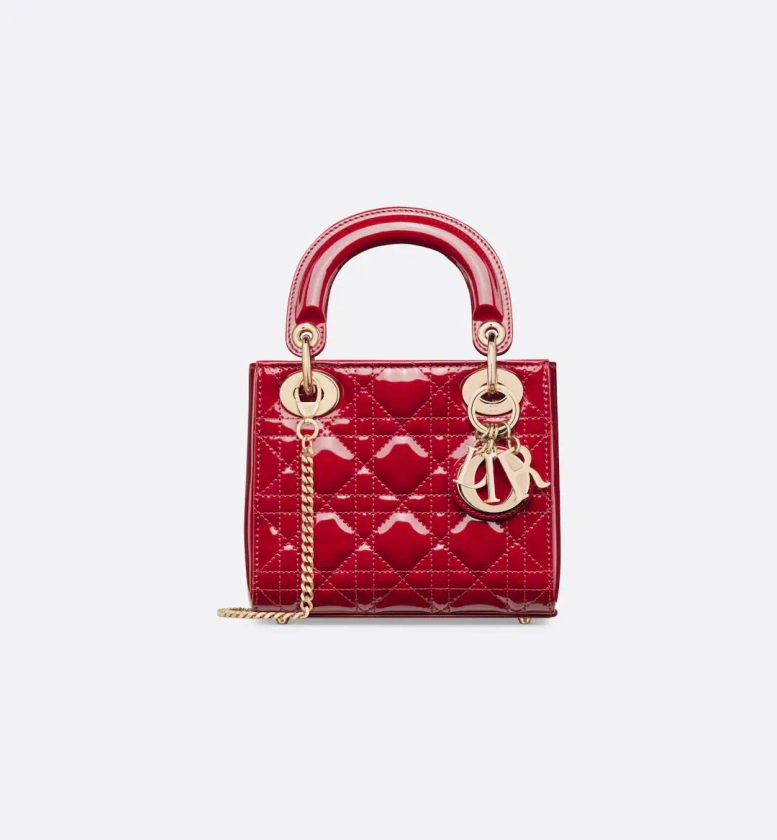 Borsa mini Lady Dior Pelle di vitello verniciata Cannage rosso ciliegia | DIOR