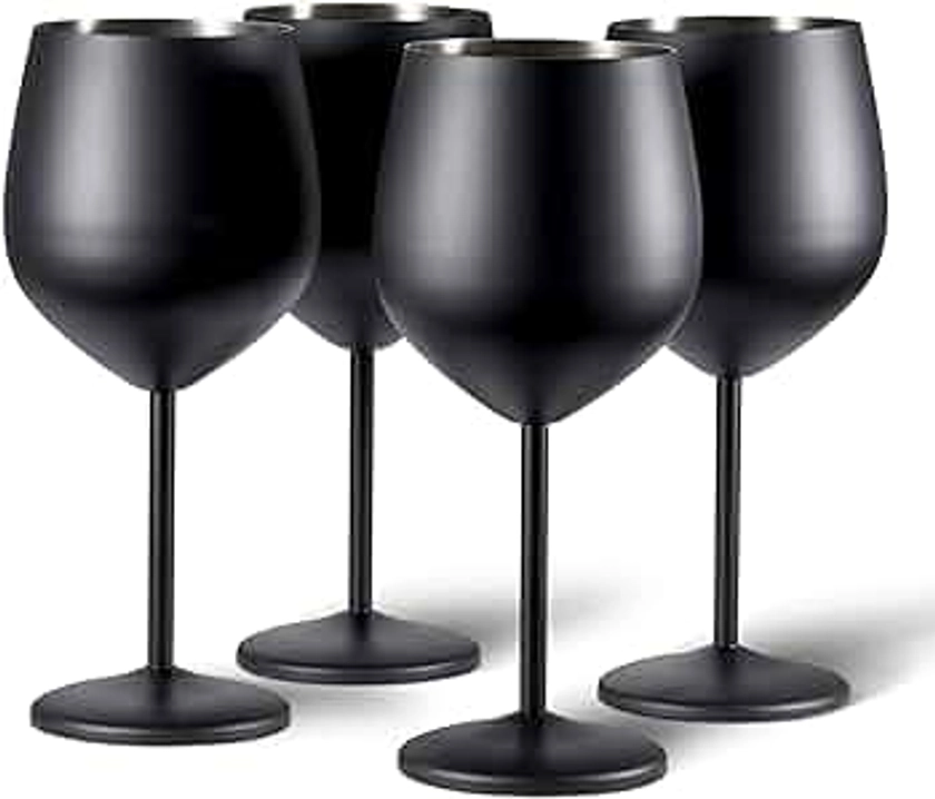 Oak & Steel - 4 Black Wine Glass Gift Set - Stainless Steel Shatterproof Party Glasses, 540ml