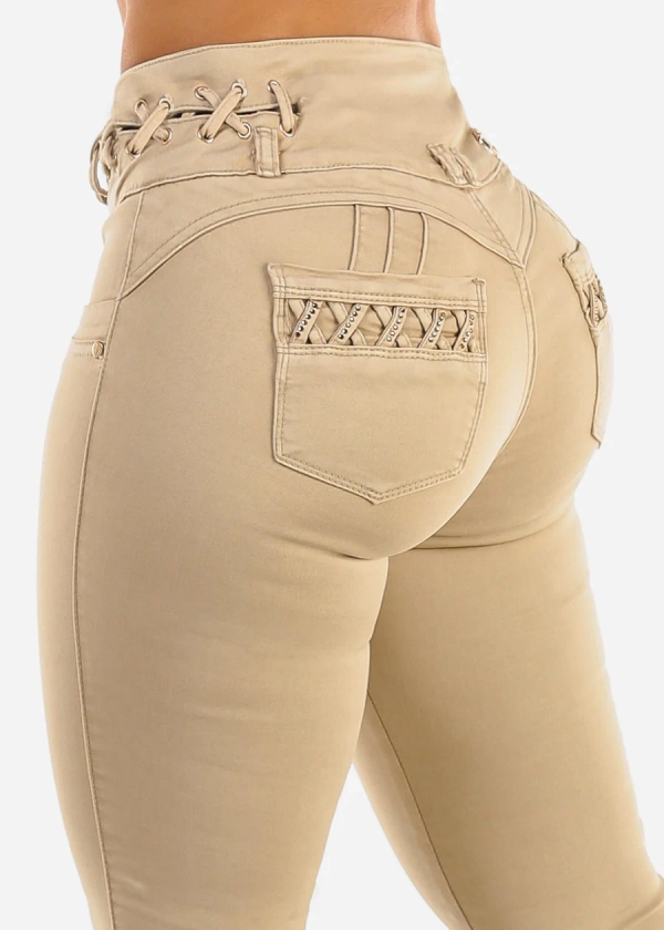 Women's Khaki Butt Lifting Skinny Jeans - High Rise Butt Lift Jeans