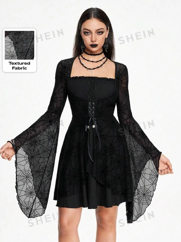 ROMWE Goth Vestido mini con mangas acampanadas con lazo, bajo asimétrico y diseño de telaraña texturizada por parches, adecuado para Halloween