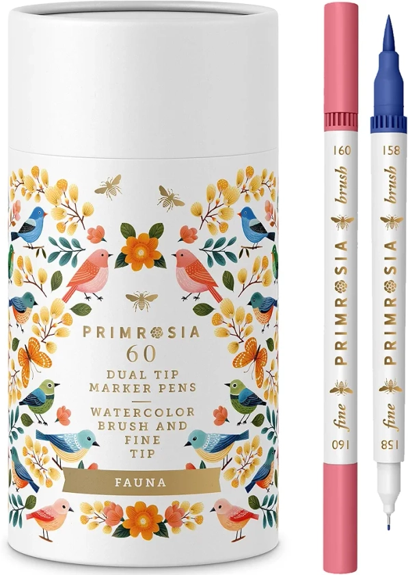 Primrosia Fauna - 60 Dual Tip Watercolor Brush and Fine Tip Pens. Marker Pens for Art Sketching Illustration Calligraphy Permanent Highlighter Bullet Journal Drawing Adult Coloring