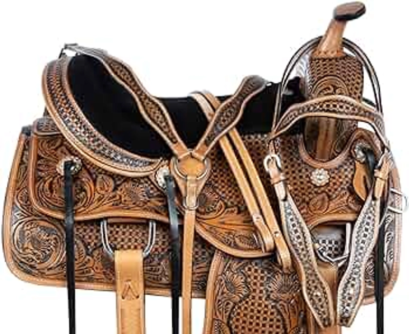 ALL NATURAL COWHIDE WESTERN LEATHER HORSE SADDLE COMFY SEAT PLEASURE TRAIL BARREL RACING HAND TOOLED PREMIUM SADDLE TACK SET BRIDLE BREAST COLLAR