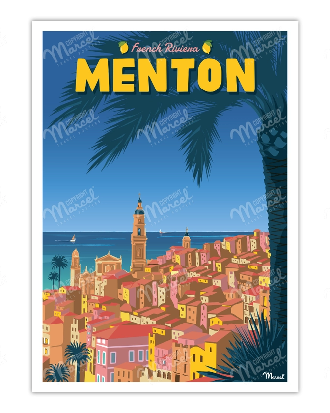 Affiche vintage MENTON "French Riviera" - Marcel Travel Poster Taille 30 x 40 cm