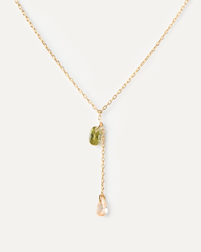 Gold-plated Y chain necklace with two zirconia drop pendants | Linda necklace | PDPAOLA