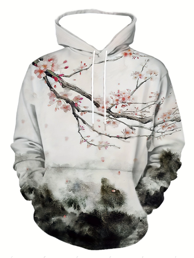 Plus Size Men&#39;s Chinese Style Hoodies, 3D Trunk Ink Painting Print Hooded Sweatshirt, Spring Fall Winter Hoodies For Sports Outdoor, Men&#39;s Clothing