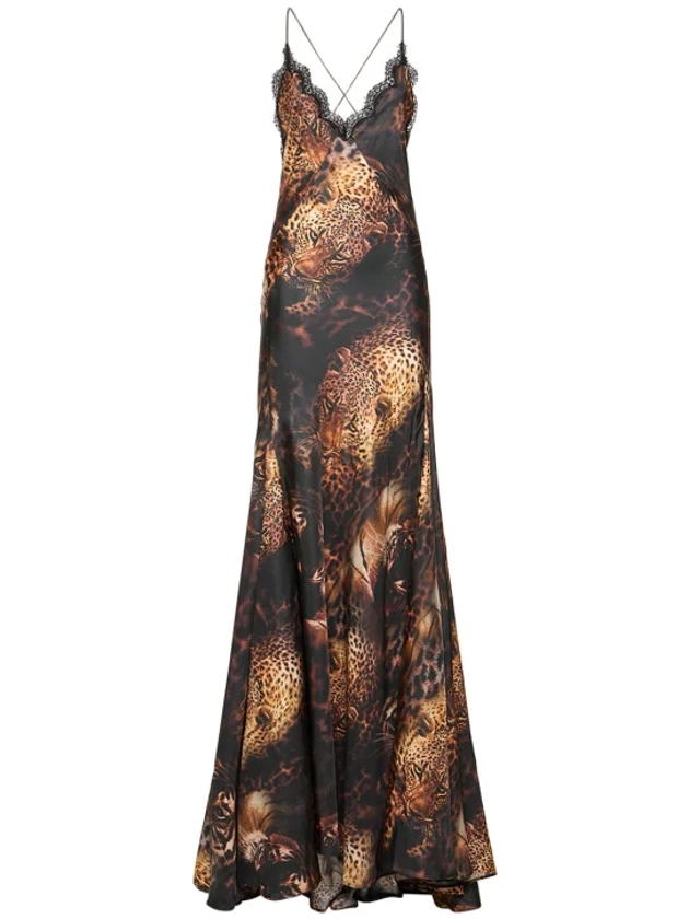 Printed silk twill long dress w/ lace - Roberto Cavalli - Women | Luisaviaroma
