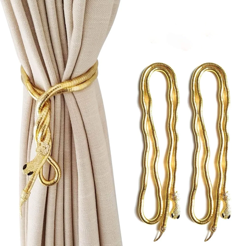 KXLIFE Snake Curtain Tiebacks Clips, Decorative Drapes Holdbacks, Handmade Metal Rope Tiebacks, Creative Window Drapes Twist Tie Backs, Snake Crafts (Gold, 2 Pack)