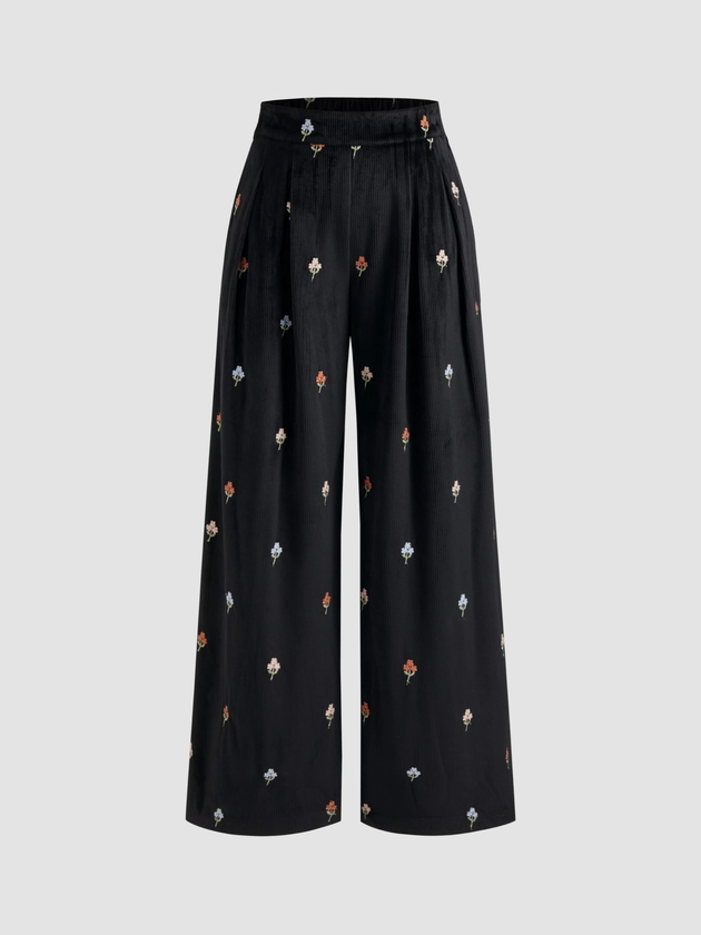 Corduroy Corduroy Mid Rise Floral Embroidery Pocket Wide Leg Trousers