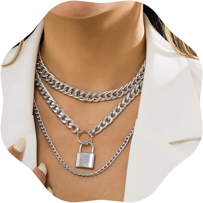 Jumwrit Chunky Chain Necklace Punk Layered Choker Necklaces Cuban Link Chain Necklace with Lock Pendant Necklace Statement Necklace for Women and Girls