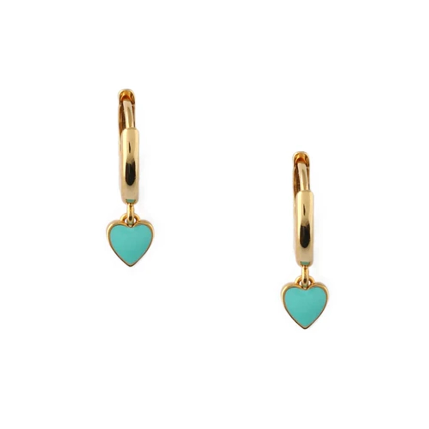 Turquoise Enamel Heart Huggie Hoop Earrings - Gold