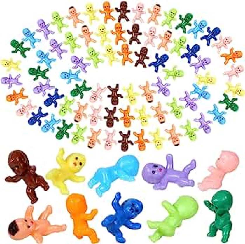 Selizo 100 Mini Plastic Babies: Assorted Colors, Tiny King Cake Figurines for Baby Shower Games & Ice Cube Fun