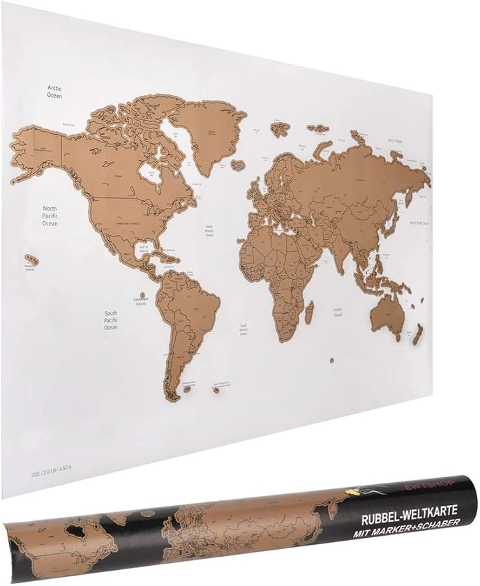 ewtshop® Carte du monde à gratter 60 x 40 cm avec marqueur et grattoir, carte du monde à gratter