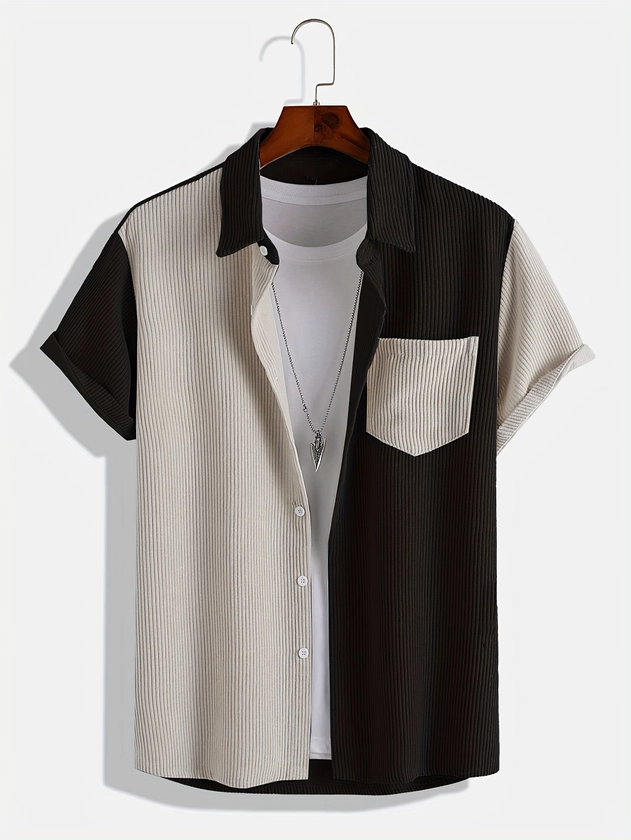 Plus Size Men&#39;s Contrast Color Shirt For Summer, Fashion Casual Short Sleeve Tops
