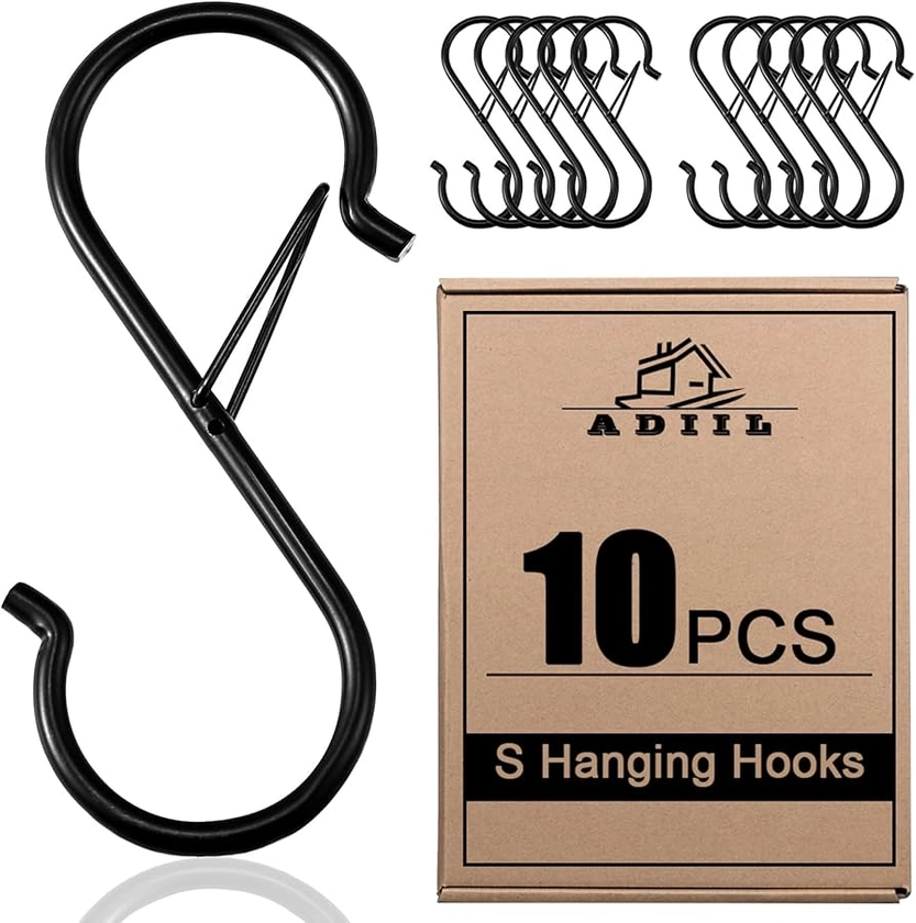 ADIIL 10 Pcs S Hooks for Hanging with Safety Buckle, Heavy Duty Metal S Shaped Closet Hooks for Hanging Plants, Kitchen Utensils, Jeans, Bags, Pots, 3.75 Inch, Black