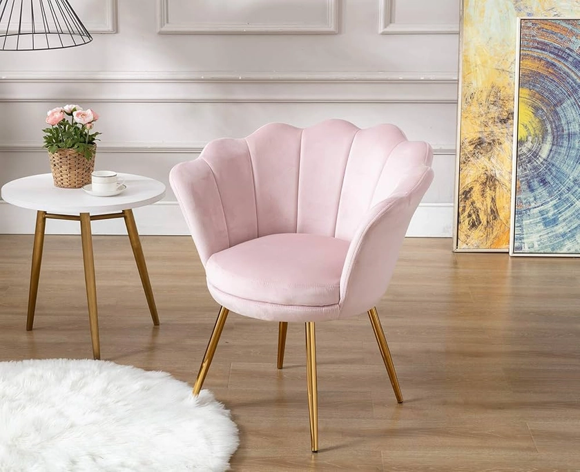 Wahson Fauteuil en Velours Fauteuil Coquillage avec Pieds Doré, Fauteuil Chambre Confortable Chaise Relax pour Salon/Chambre (Rose Clair)