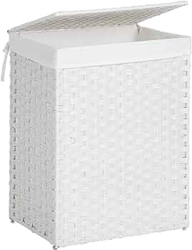 SONGMICS Handwoven Laundry Hamper, 23.8 Gal (90L) Synthetic Rattan Clothes Laundry Basket with Lid and Handles, Foldable, Removable Liner Bag, White ULCB51WT