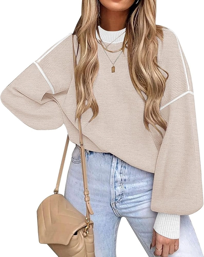 ETCYY Womens Sweaters Fall 2024 Batwing Long Sleeve Side Slit Knit Tops Crew Neck Striped Oversized Sweater Pullover Tops(M.Apricot) at Amazon Women’s Clothing store