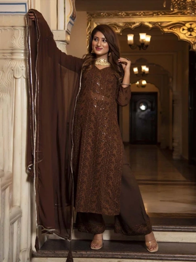 Calmna Brown Berry Chikankari Kurta Set With Georgette Dupatta