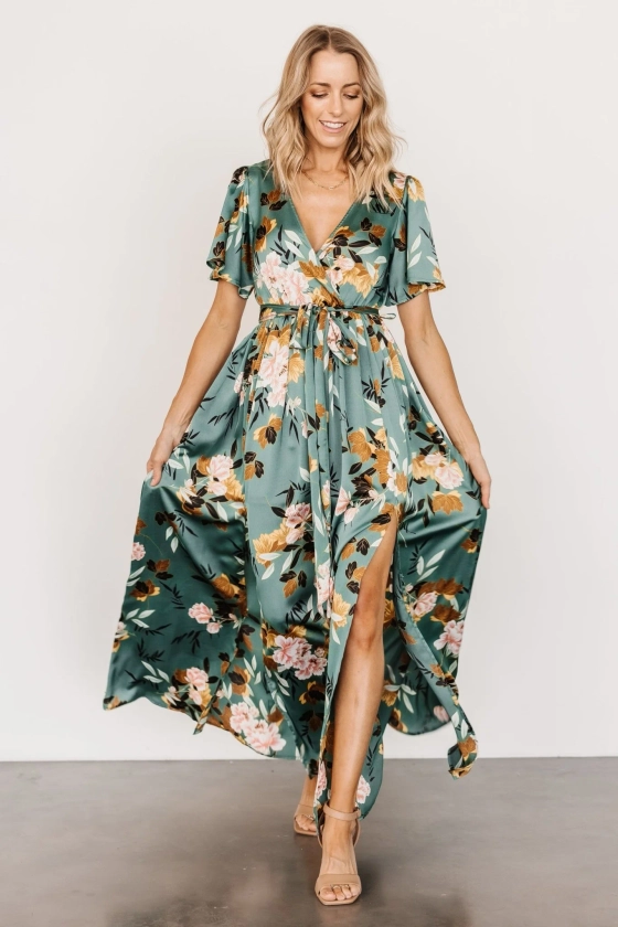 Sicily Satin Maxi Dress | Eucalyptus Floral