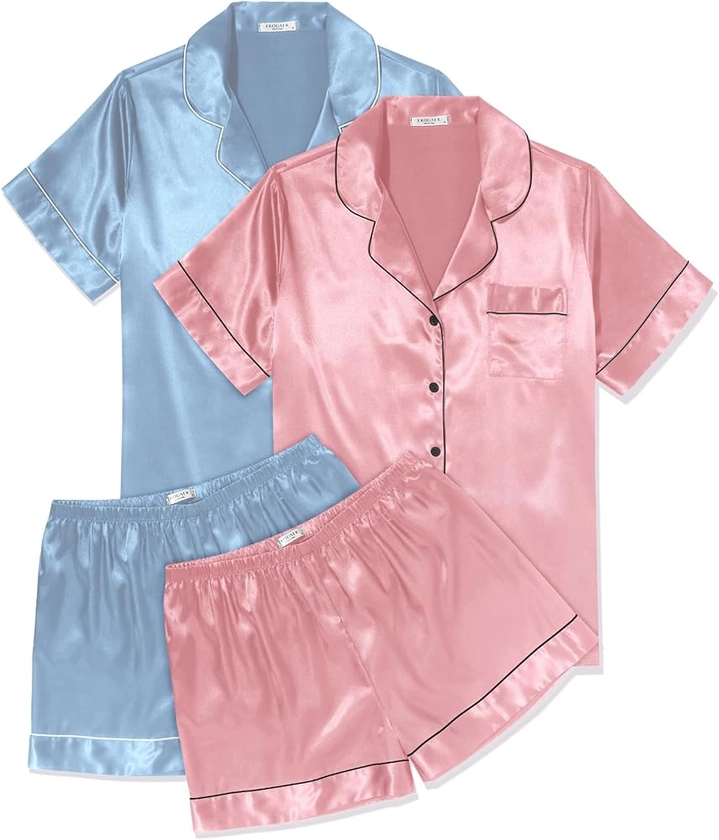Ekouaer 2 Pack Womens Pajama Sets Silk Satin Short Sleeve Button Down Sleepwear Top and Shorts Pjs Lounge Set S-XXL