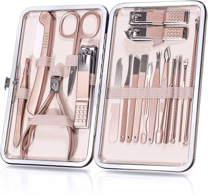 OWill Manicure Set, 18pcs Nail Clippers Pedicure Kit with PU Leather Case Nail Care Kit Professional Tools Gift for Women Wife Girlfriend Parents(Rose Gold)